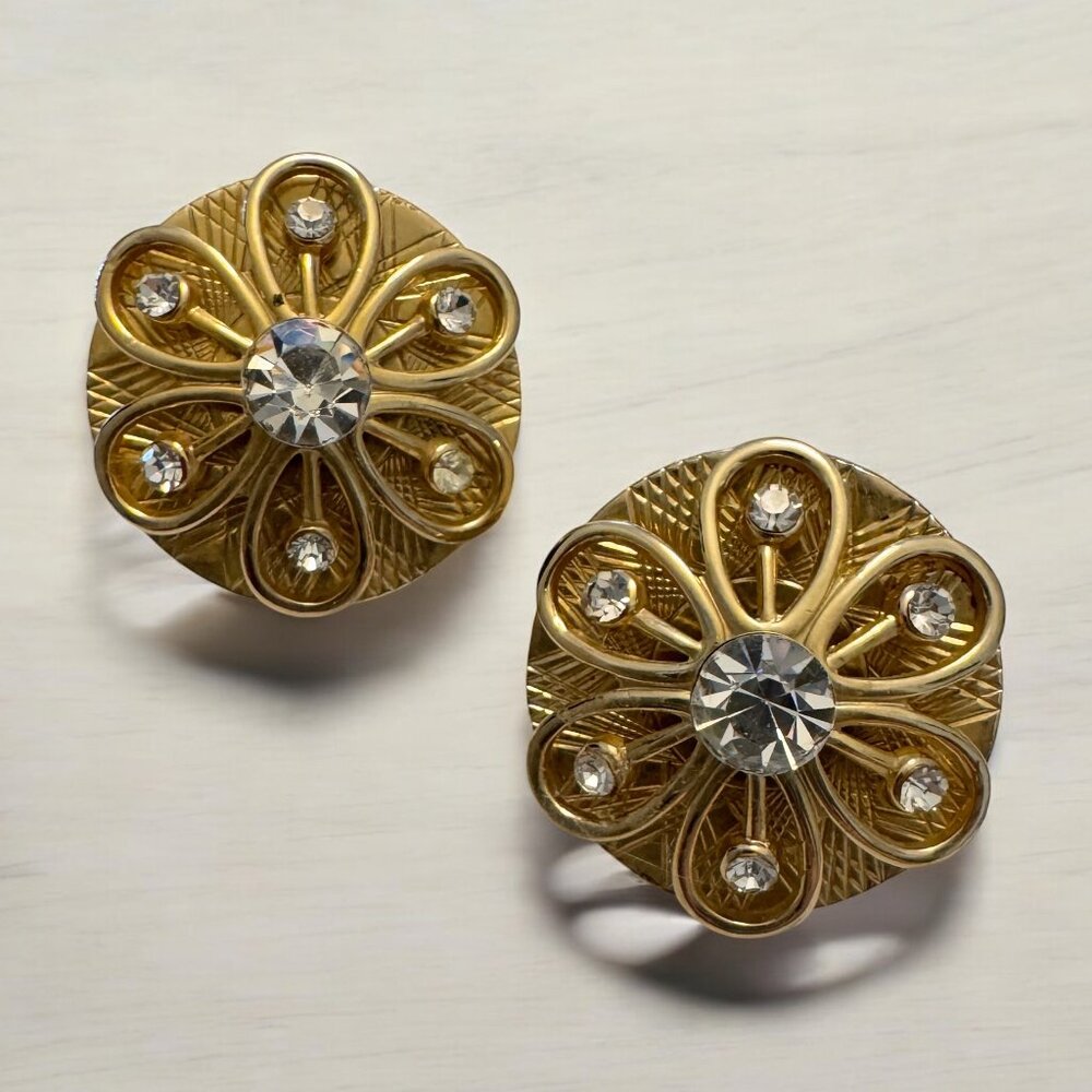 Vintage CORO Gold Tone Earrings Clip ons Clear Stones Round